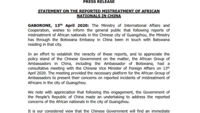 STATEMENT ON THE REPORTED MISTREATMENT OF AFRICAN NATIONALS IN CHINA