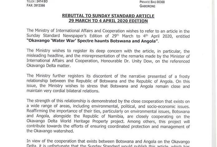 The Ministry of International Affairs and Cooperation addresses the misleading article that read “Okavango ‘Water War’